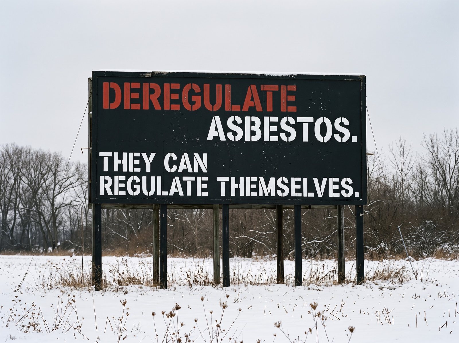 A black billboard in a snowy field reads: Deregulate asbestos. They can regulate themselves.